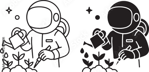 Astronaut Gardening and Watering Plants in Space Icon, Line Art and Silhouette Style