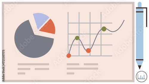 Pie chart and line graph displayed with performance trends and data breakdown. Includes pen. Ideal for analytics, statistics, business growth, strategy, education, corporate planning, simple flat