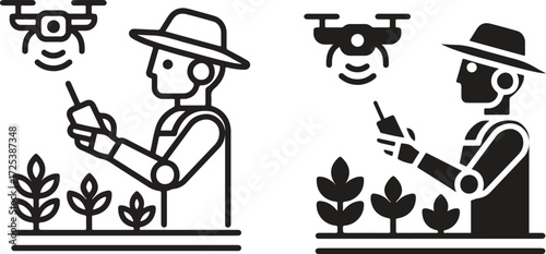 Farmer Controlling Drone over Crops in Modern Agriculture Icon, Line Art and Silhouette Style