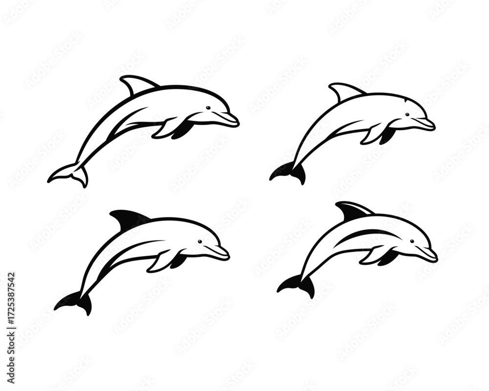 Fototapeta premium Four stylized black and white line art illustrations of playful dolphins leaping and swimming in the ocean water