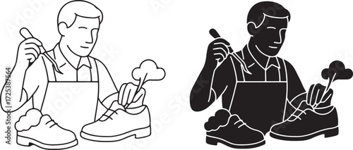 Shoemaker Polishing and Repairing Leather Shoes in Line Art and Silhouette Style