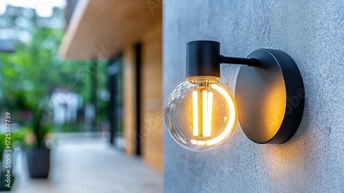 Modern wall light fixture with glowing bulb illuminates outdoor space, enhancing ambiance