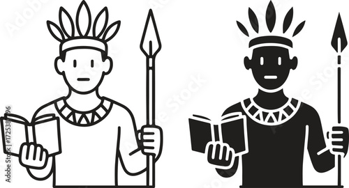 Tribal Warrior Icon with Headdress, Spear, and Book in Line Art and Silhouette Style