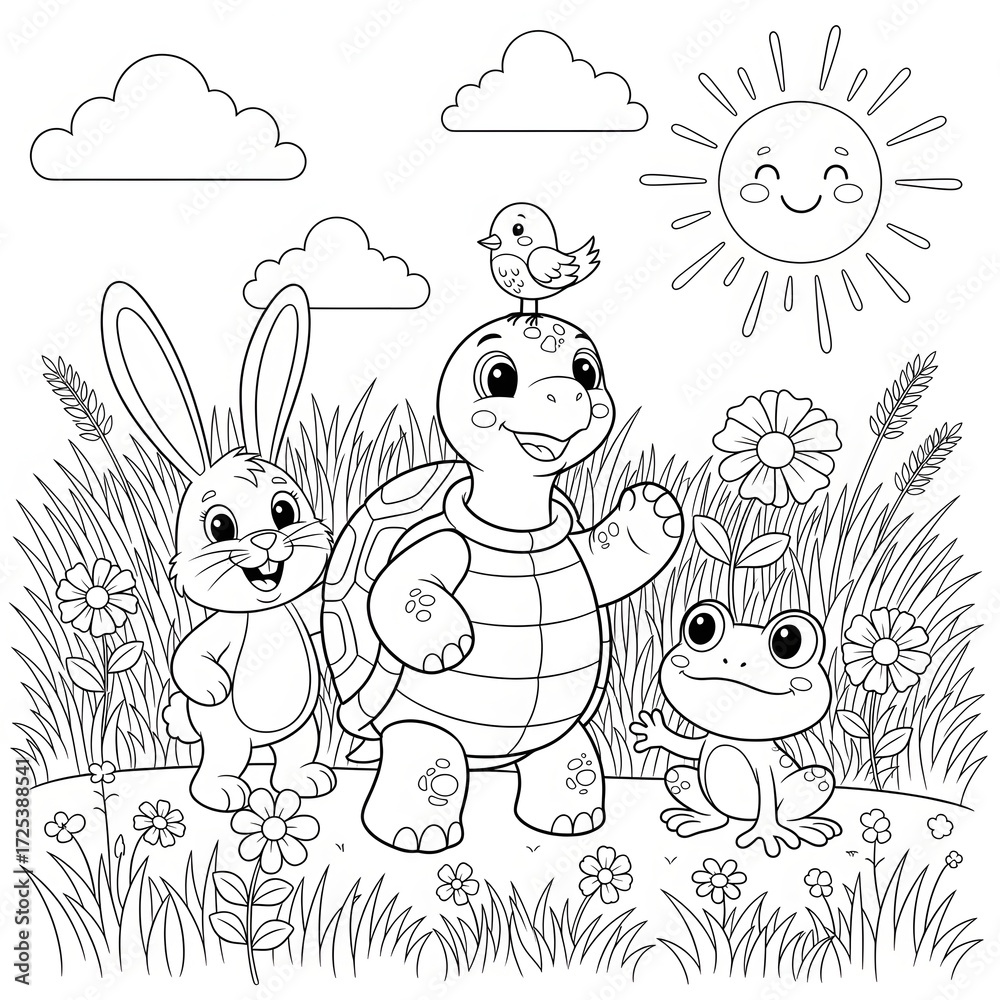 Fototapeta premium Friends coloring page. Cute cartoon animal illustration. Adorable rabbit, turtle, and frog standing together in a field with flowers. Fun printable activity sheet for kids.