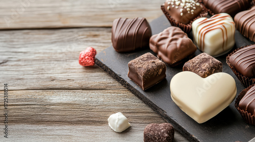 Delicious assortment of chocolates on slate board, perfect for gifting or indulgence