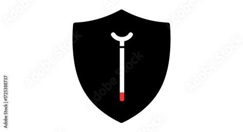 Vector glyph icon of white cane with red tip inside shield, symbol of safety, protection, accessibility and disability support, independence and inclusive mobility design