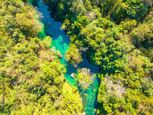Aerial photography of the Xiaoqikong Bridge in Libo, Guizhou on a sunny day