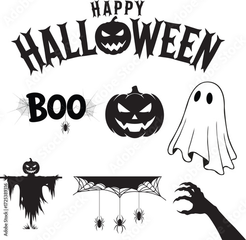 Happy halloween graphic elements with pumpkins ghosts and scarecrow