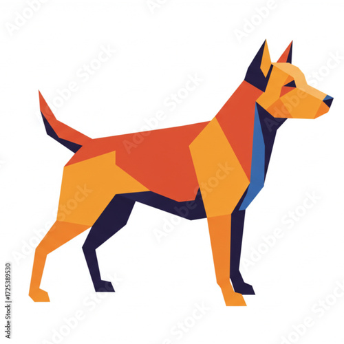 Modern geometric dog art, vibrant canine design for pet lovers, playful dog illustration, stylized animal artwork, unique graphic pet portrait, dog adoption campaign