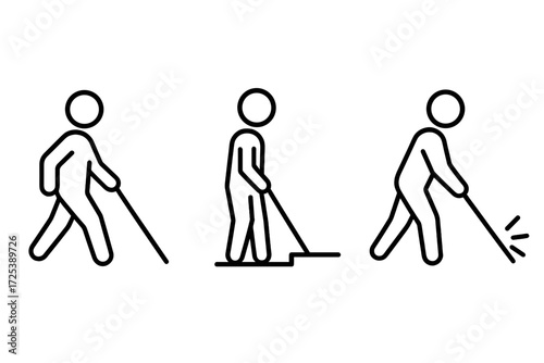 Set of vector glyph icons showing blind person with white cane in different walking positions, accessibility and disability support symbols, orientation and mobility aids