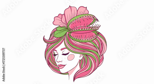 Dreamy girl with venus flytrap hair isolated on white background, a whimsical illustration blending nature and beauty in a unique and surreal style