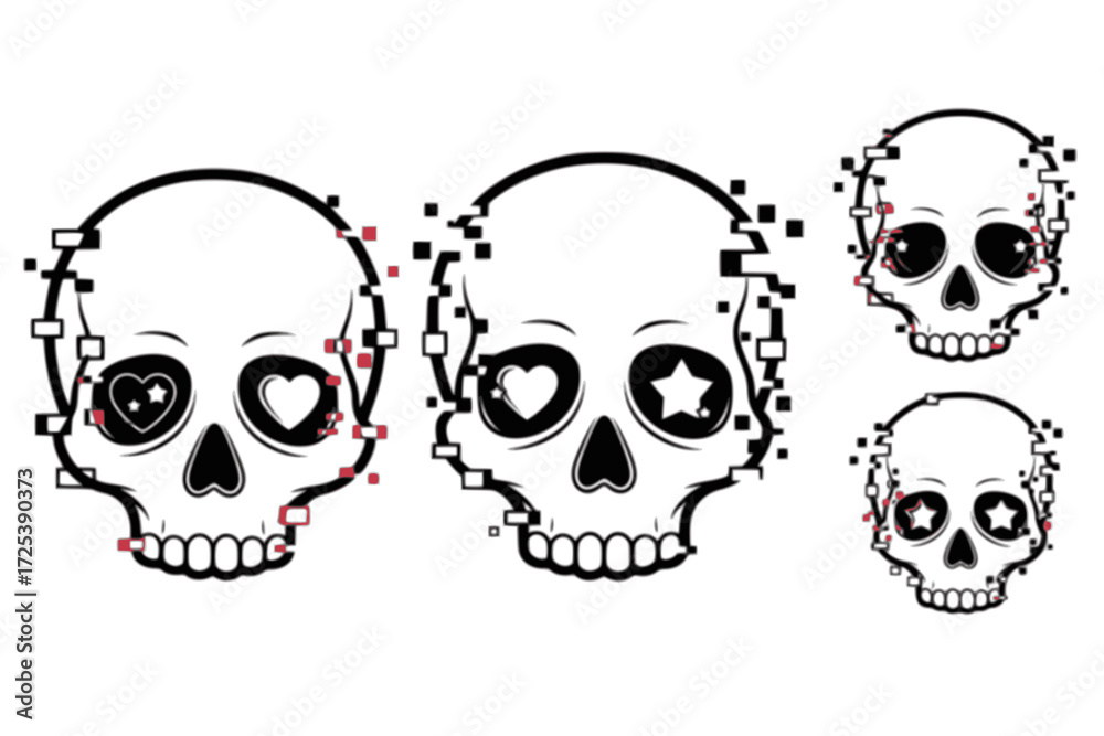 Obraz premium Kawaii Superflat Skull Silhouette Vector. Cute, Expressive Eye Sockets (Hearts/Stars) with Digital Glitch Effects. Fragmented, Offset Outline. Bold and Clean.