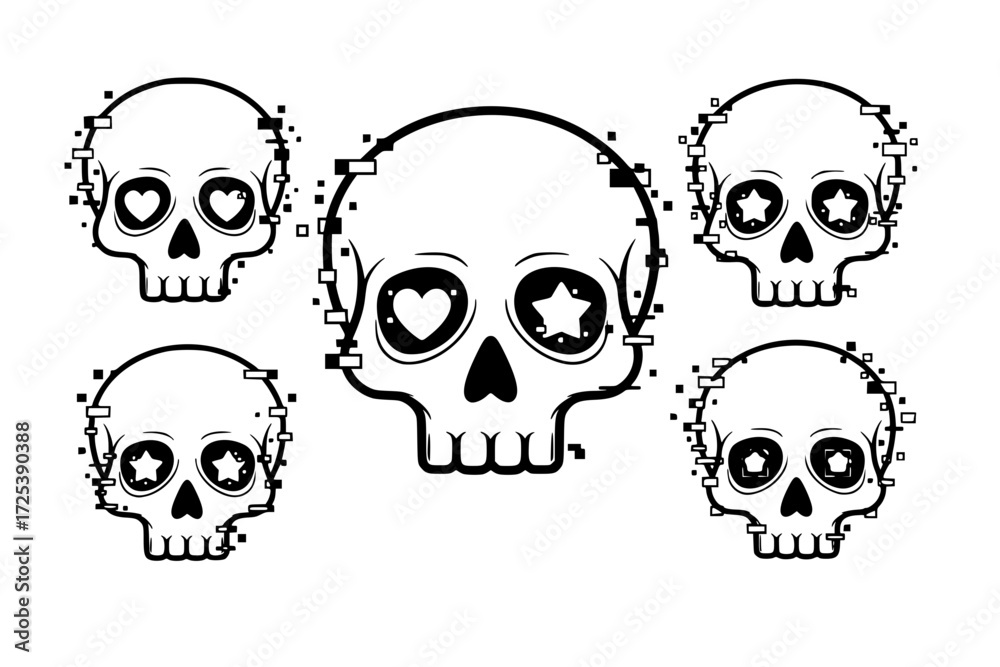 Obraz premium Kawaii Superflat Skull Silhouette Vector. Cute, Expressive Eye Sockets (Hearts/Stars) with Digital Glitch Effects. Fragmented, Offset Outline. Bold and Clean.