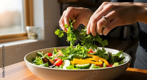 Hands mixing herbs into a salad bowl, bright kitchen, natural window lighting.
