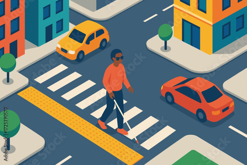 Isometric vector illustration of blind person with white cane crossing city street with tactile paving and cars, accessibility and disability support in urban environment, inclusive mobility