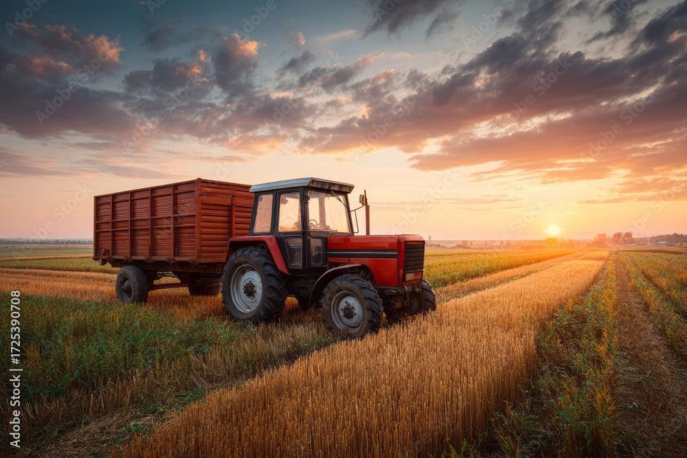 Fototapeta premium Red tractor with trailer on wheat field during golden sunset in countryside. Harvesting Late-Season Crops, concept of rural agriculture