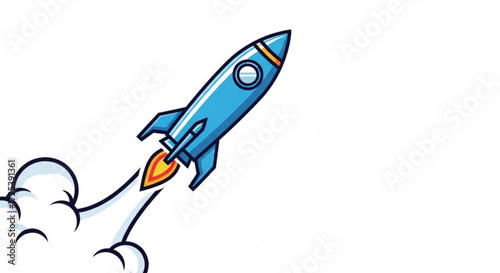 Cartoon rocket ship launch vector illustration with smoke trail for space exploration and startup concept