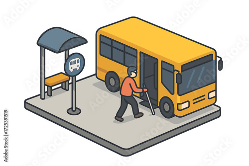 Isometric vector illustration of blind person with white cane boarding bus at bus stop, public transport accessibility, disability support, inclusive mobility, universal design