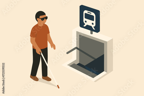 Isometric vector illustration of blind person with white cane entering subway station, public transport accessibility, disability support, inclusive mobility, universal design