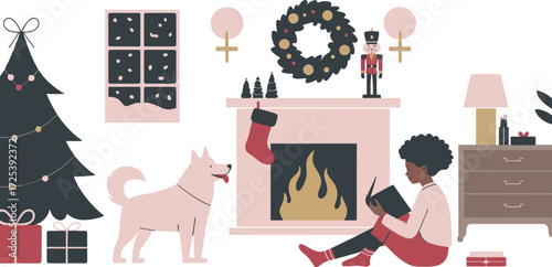 Christmas holiday cozy scene with fireplace and reading woman