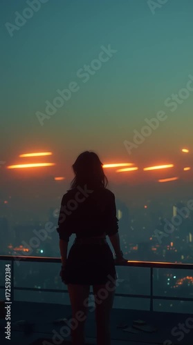 Silhouette of a Woman Against a Cityscape at Sunset with Lens Flares and Subtle Transition Effects 