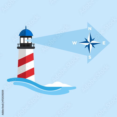 A lighthouse shines a beam of light shaped like a compass arrow. A powerful metaphor for business guidance, strategy, leadership, and finding the right direction. Flat vector illustration