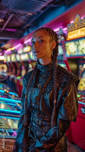 Retro Arcade Vibes: Gamer Girl in Cyberpunk Arena with Focus and Fluid Movements 