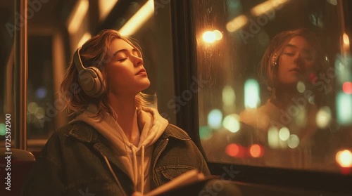 Young Woman Enjoying Solitude on Night Bus Journey with Headphones and Notebook 