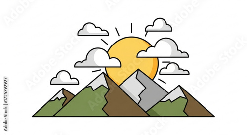 Mountain landscape with sun and clouds vector illustration nature scenery outdoor adventure travel graphic design