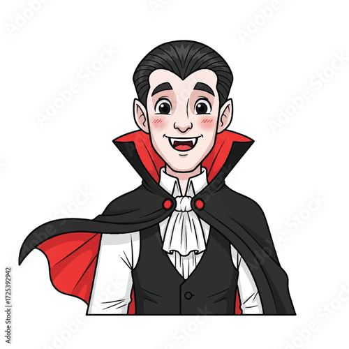 Cartoon illustration of a friendly vampire with a wide smile and a flowing cape.