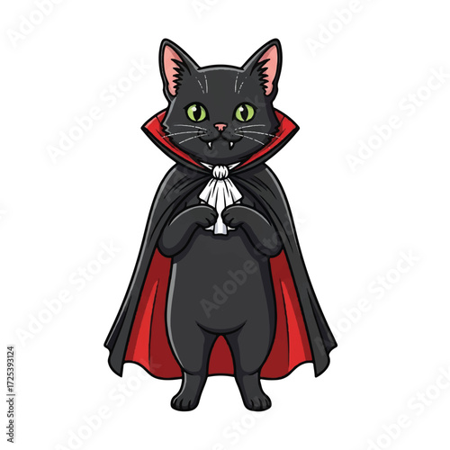 Cartoon black cat dressed as a vampire with cape and fangs.