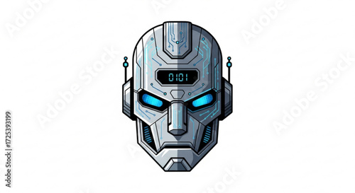 Robot head illustration with digital display and futuristic design for ai and technology concepts