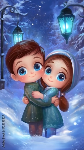 Adorable Cartoon Couple Embracing in Snowy Winter Night Scene