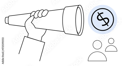 Hand holding a telescope directed at a dollar icon next to two minimalistic figures. Ideal for financial planning, business strategy, investment, vision, opportunity, success, future goals. Simple