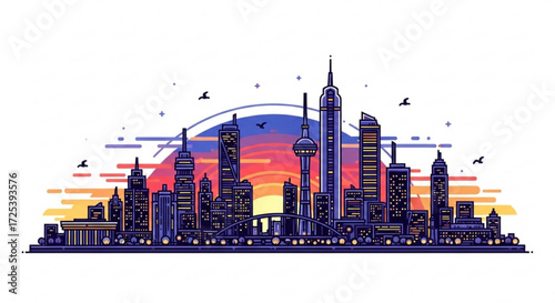 Cityscape skyline illustration of modern architecture with urban buildings and sunset background vector design