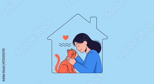 A person is petting an orange cat inside a house outline.