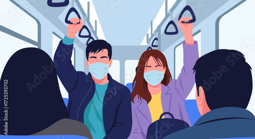People wearing face masks travel on a public transportation bus during a pandemic.