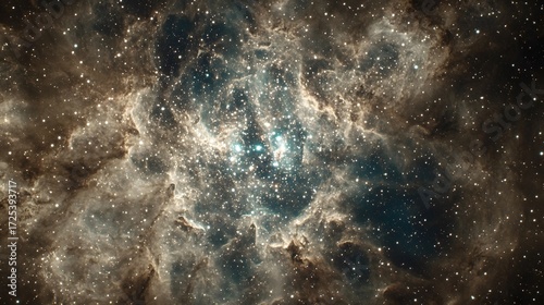 Stunning Cosmic Nebula Starfield Image: Golden Hues and Stellar Clusters