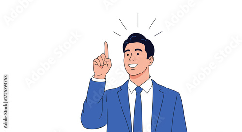 A businessman with a bright idea pointing his finger upwards with a smile of realization and inspiration.