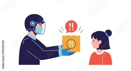 A food delivery person hands a takeout box to a customer in a contactless transaction.