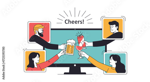 Four friends having a virtual toast celebrating together over a video call
