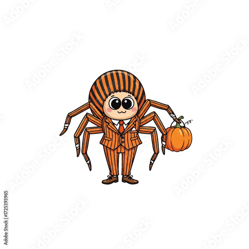 A cute cartoon spider dressed in a pinstripe suit holding a small pumpkin.