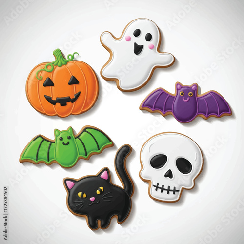 Halloween gingerbread cookies featuring a pumpkin, ghost, bat, cat, and skull.