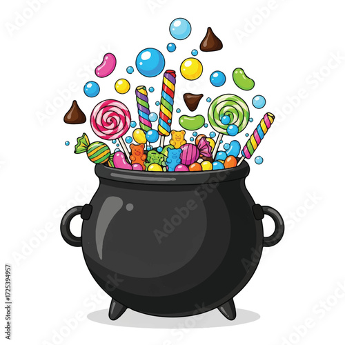 Cartoon illustration of a black cauldron overflowing with colorful candies and lollipops.