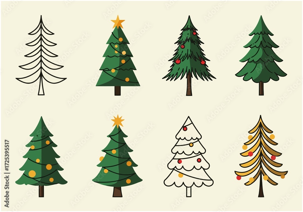 Obraz premium A collection of diverse stylized Christmas trees with various decorations and outlines, suitable for holiday designs and festive winter celebrations.