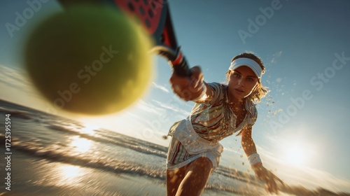 A focused young woman in tennis attire hitting a ball with a racket on a beach during sunset, sand flying around her.