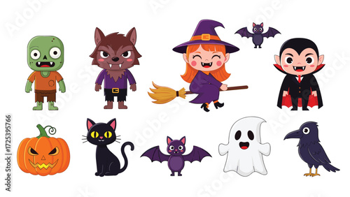 Creepy Halloween Cartoon Set Featuring Pumpkins, Jack O'Lanterns, Costumes, and Spooky Characters in a Fun Environment