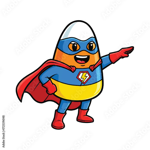 A cheerful candy corn character dressed as a superhero with a red cape, blue suit, and yellow belt, pointing forward on a white background.