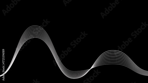Abstract graphic featuring a flowing, wave-like pattern composed of thin, parallel lines against a dark background.