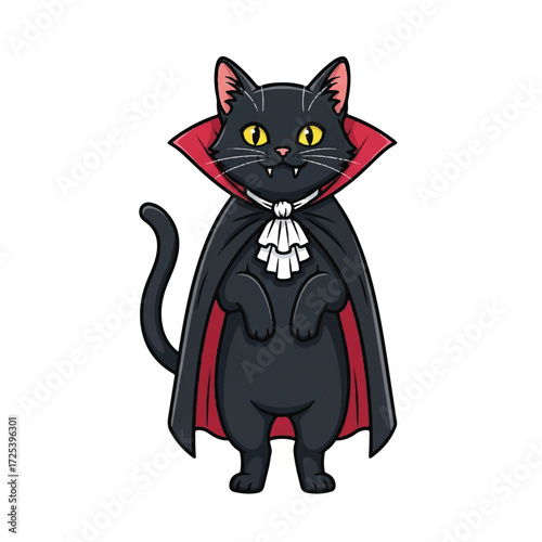 A cute cartoon black cat dressed as a vampire in a red and black cape with a white jabot for Halloween.